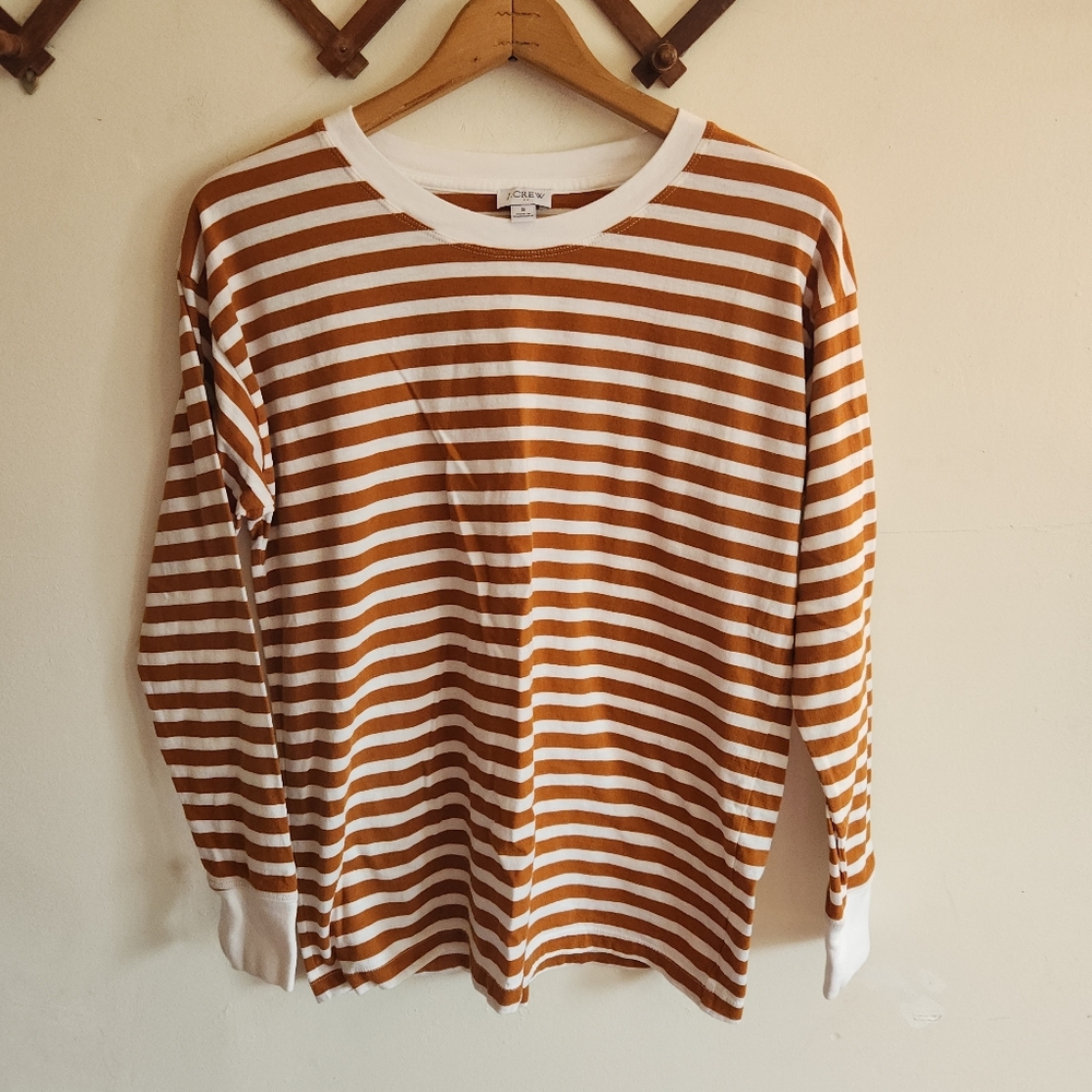 J. Crew Long Sleeve Tee Shirt Crew Neck Cotton Rust White Stripes Small